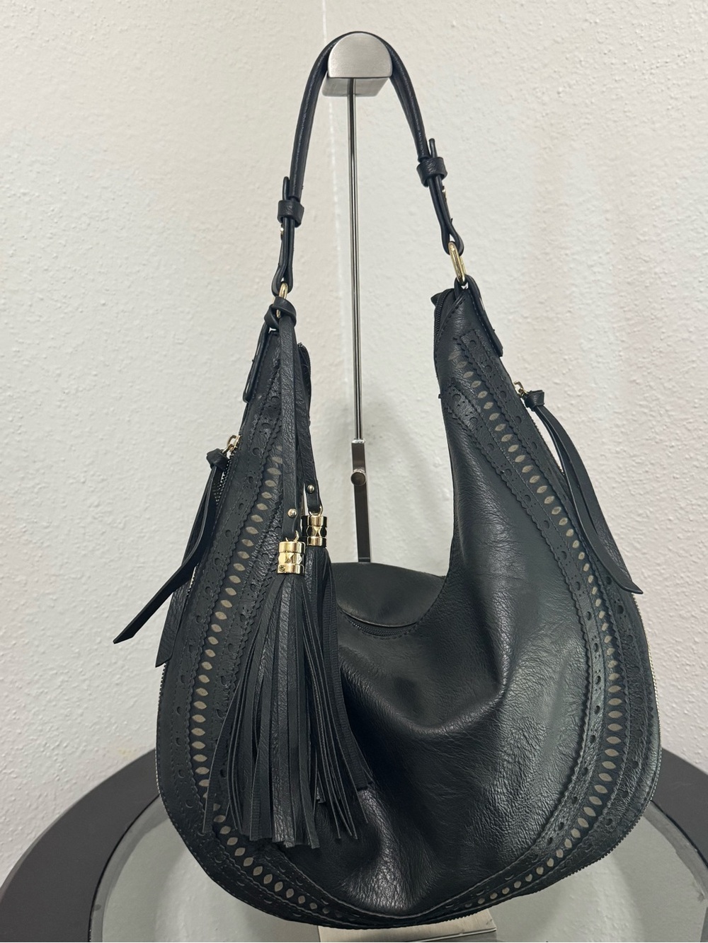Sculpted Black Leather Hobo with Tassel Trim